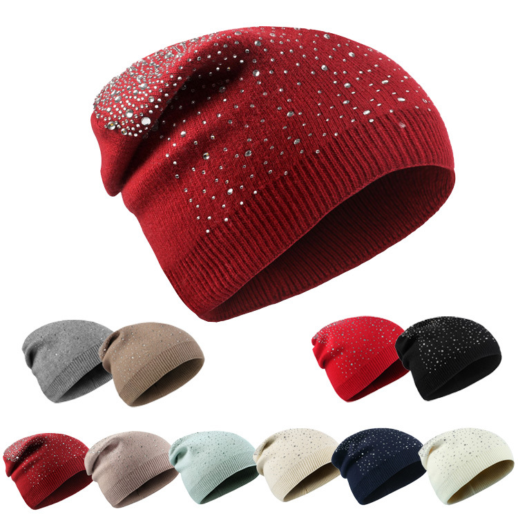 Womens Winter Wool Knit Beanie Caps Rhinestone Soft Stretcj Slouchy Hats
